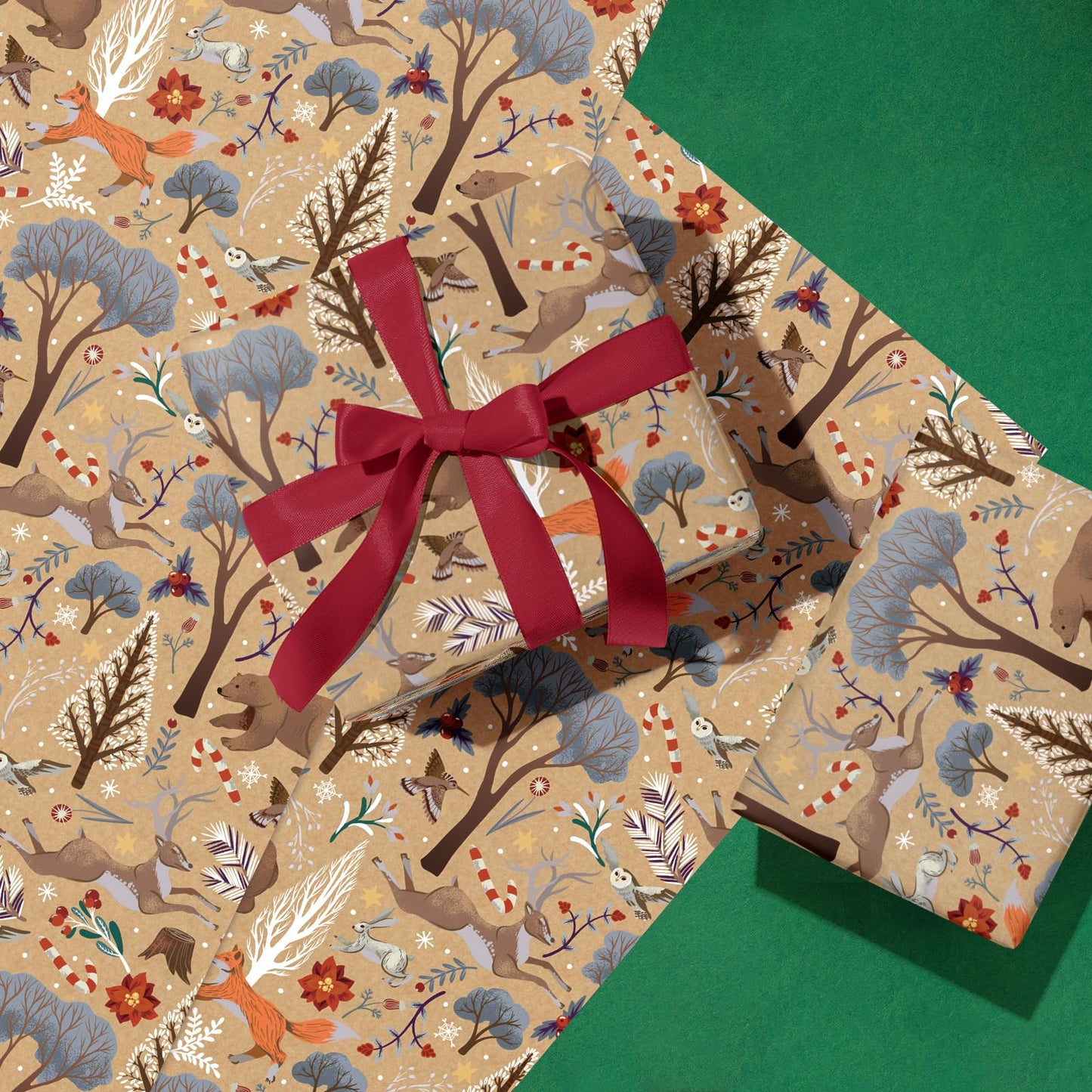 WRAPAHOLIC 30 Inch Jumbo Kraft Christmas Wrapping Paper - 30 Inch x 33 Feet - Christmas Animal Wrapping Paper and Tree Elements for Holiday, Party Celebration