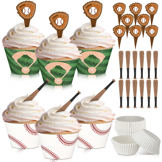 Geiserailie 100 Sets Baseball Cupcake Toppers and Wrappers Liners Baseball Party Decorations Sport Party Cake Supplies for Sport Themed Birthday Baby Shower Decorations Supplies