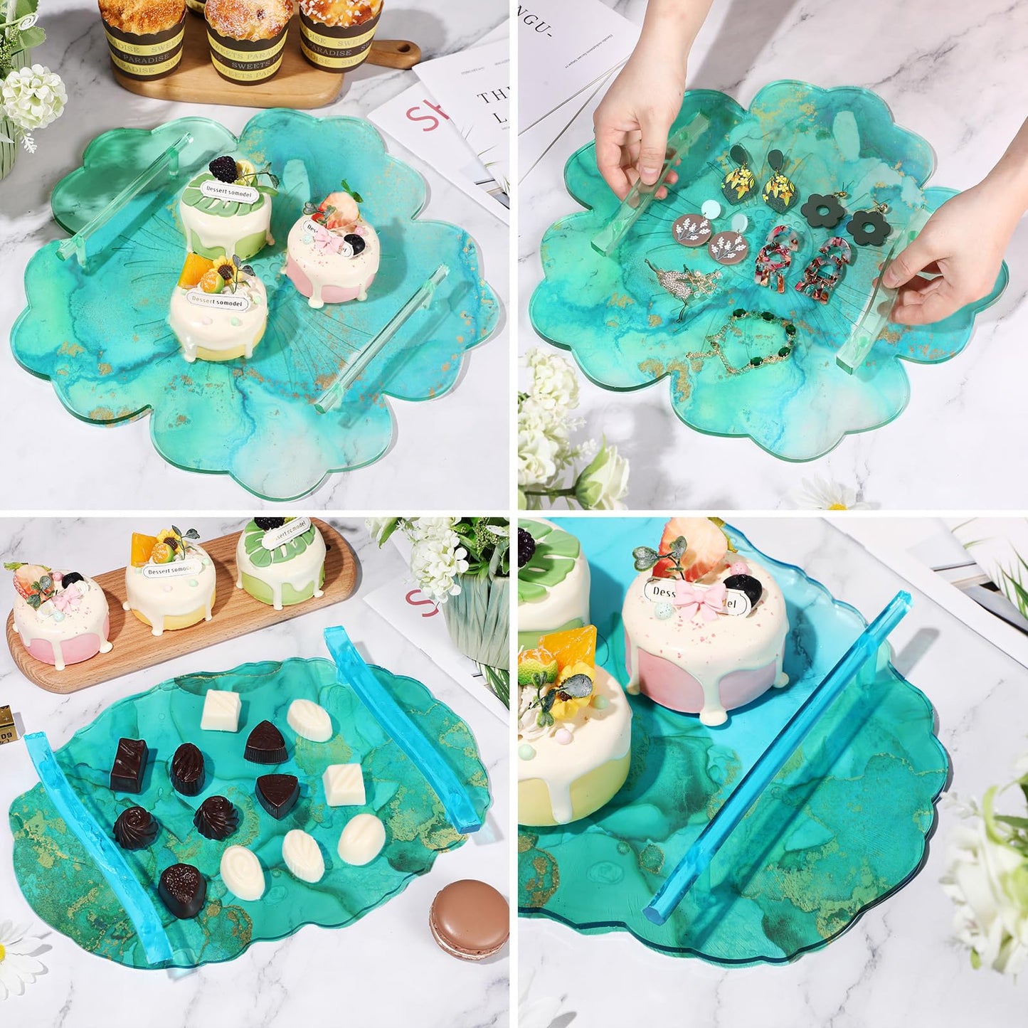 meekoo 2 Pcs Large Silicone Resin Tray Molds with 4 Pcs Handles Serving Tray Resin Mold for Making Jewelry Plates Tea Coasters Art Craft Casting Supplies(Flower, Oval)