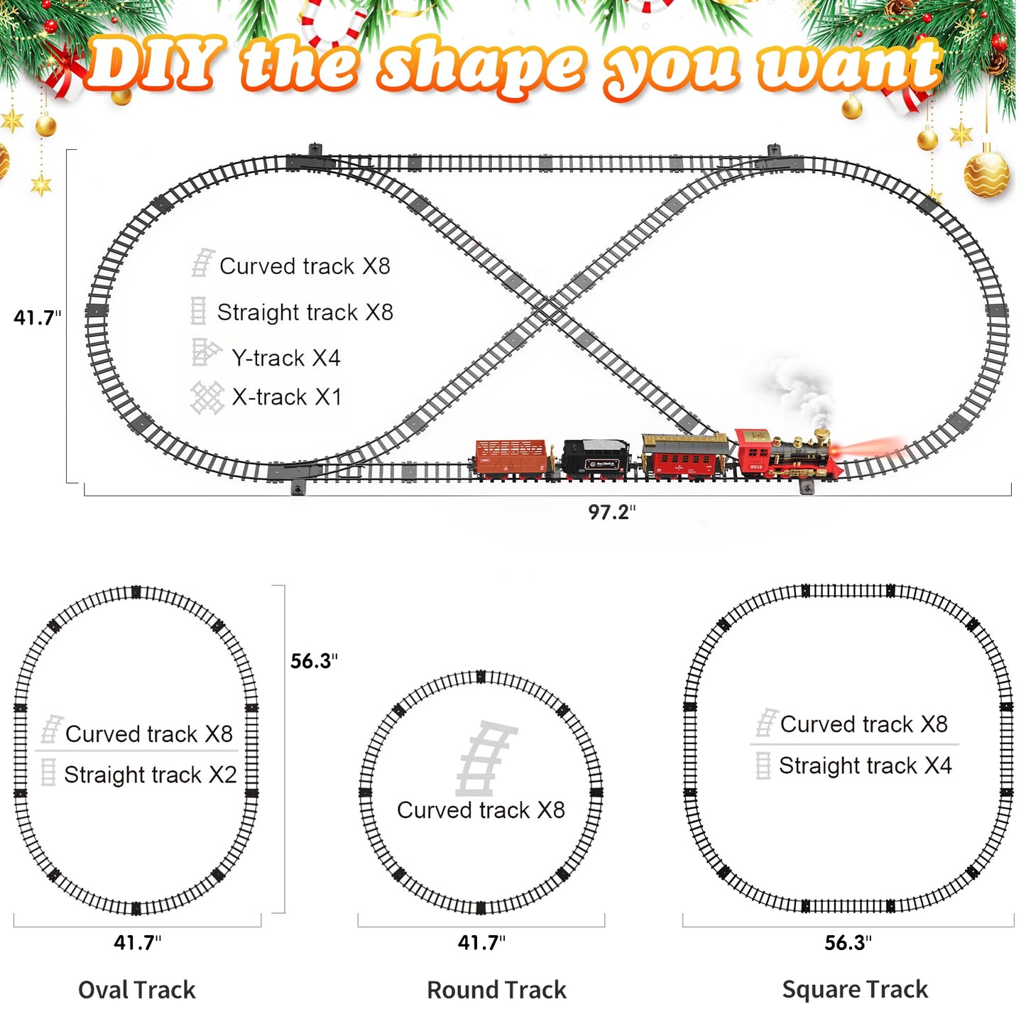 Hot Bee Train Set, Remote Control Train Toys with Luxury Tracks, Christmas Train Sets for Around the Tree,Toy Train with Smokes, Lights & Sound,Model Train Set for 3 4 5 6 7+ Years Old Boys Gifts Kids