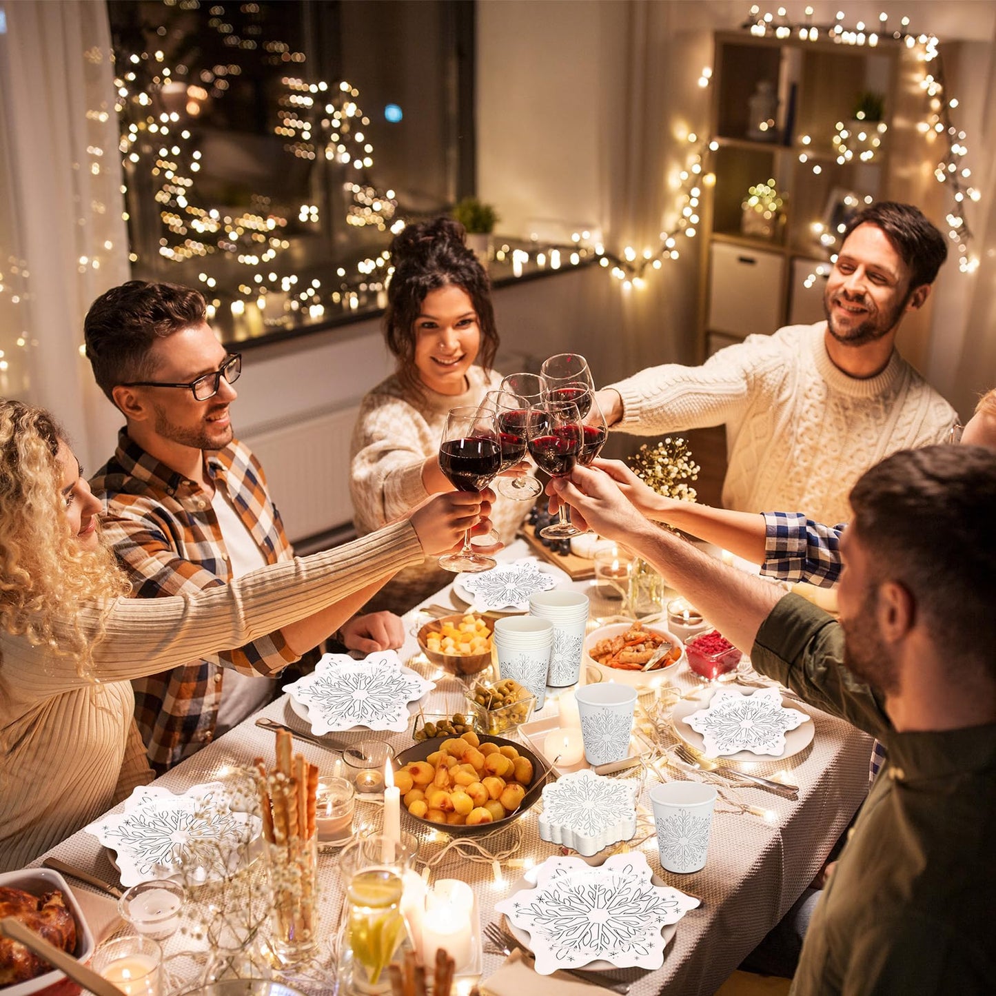 Zhehao 96 Pcs Winter Snowflake Plates and Napkins Set Christmas Snowflake Tableware Set Frozen Winter Plates, Cups, Napkins for Wonderland Party Supplies