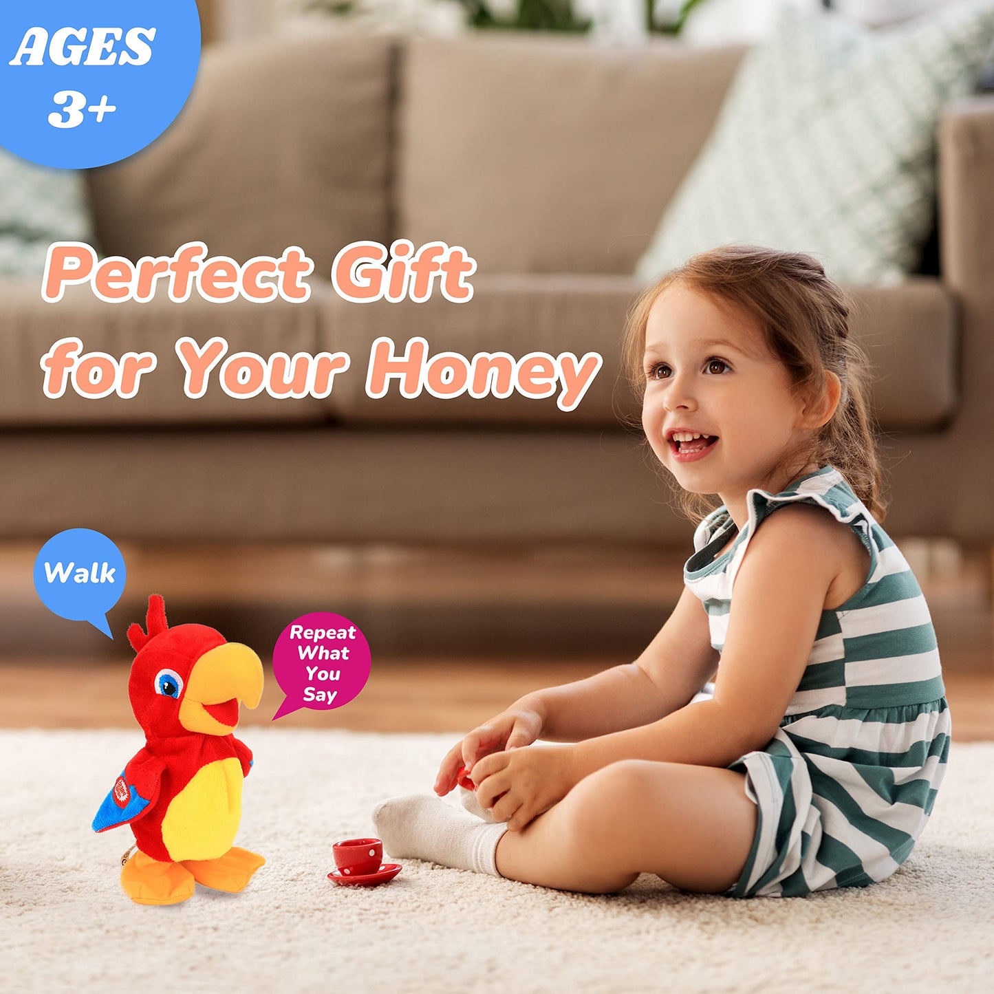 Hopearl Talking Parrot Repeats What You Say Walking Electric Interactive Animated Toy Speaking Plush Buddy Birthday Festival for Toddlers Birthday, 8''