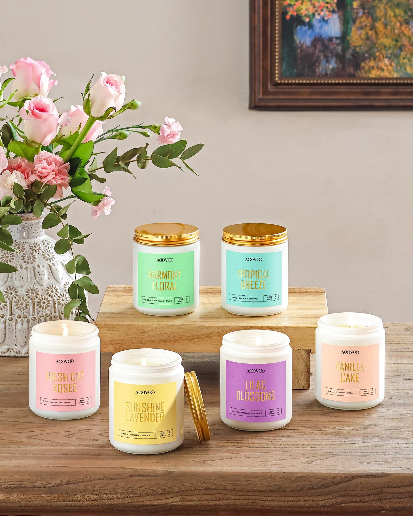 AOOVOO Scented Candles Set - 6 Pack Candles for Women, Lavender/Lilac/Vanilla/Floral/Rose/Breeze, Soy Candle Gifts for Home Scented, 42 oz, 300 Hours Burn Time