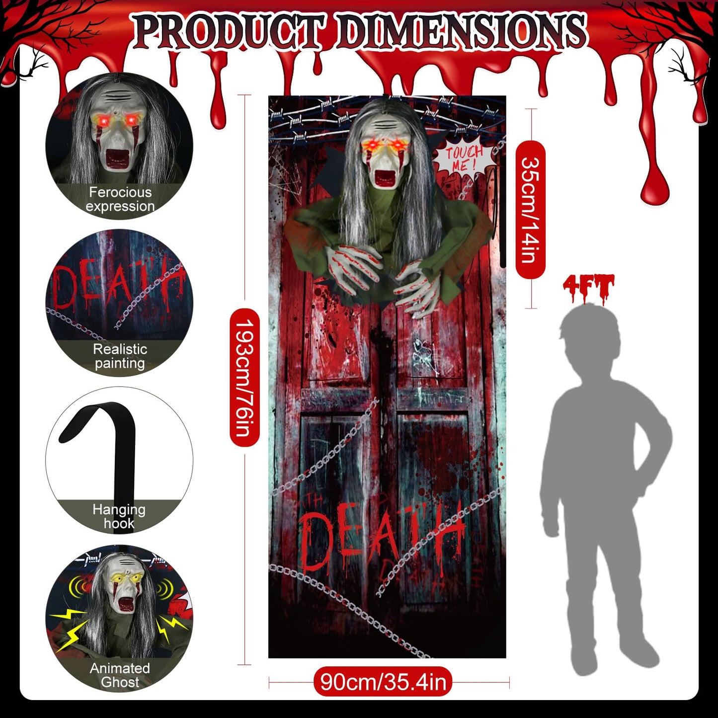 GUDELAK 6.6FT Animated Hanging Halloween Decorations Outdoor Zombie with Light Up Red Eye, Halloween Door Decorations with Halloween Backdrop, green, W-GS-GG-CK-KYB-1