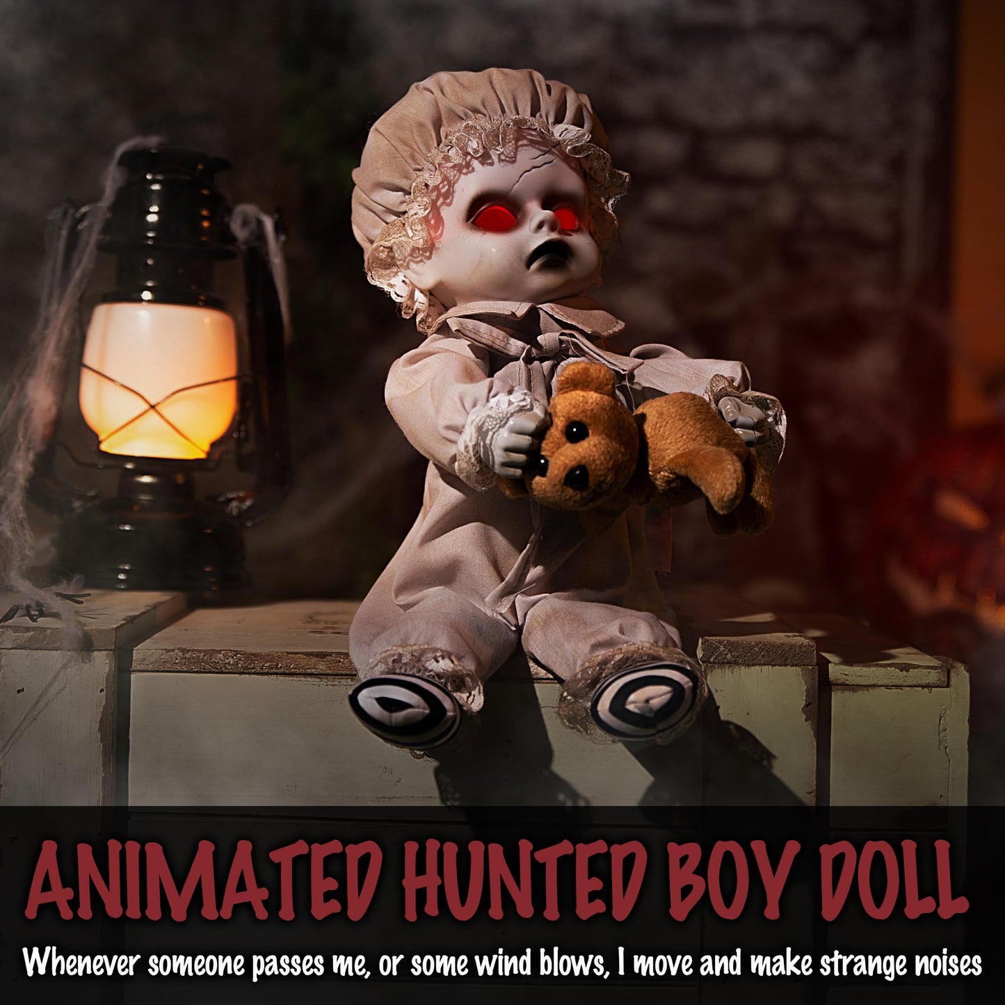 NEYEABL 10" Spirit Animatronic Ghost Boy Doll Halloween Decorations.-Sound Activated,Creepy Sound & Head & Hand Movements,Red Eyes Lit, Haunted House Holiday Props, Halloween Spooky Animations