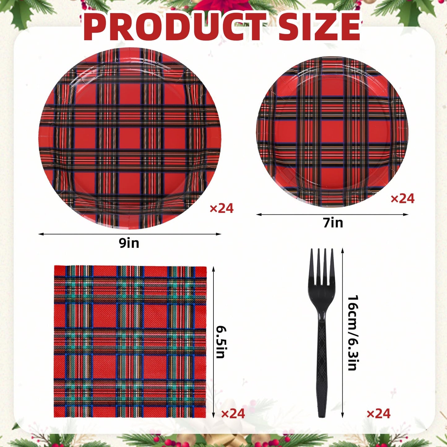 Whaline 96Pcs Christmas Plaid Paper Tableware Set Red Xmas Checkered Party Supplies Gingham Disposable Plates Napkins and Forks for 24 Guest Holiday Birthday New Year Party