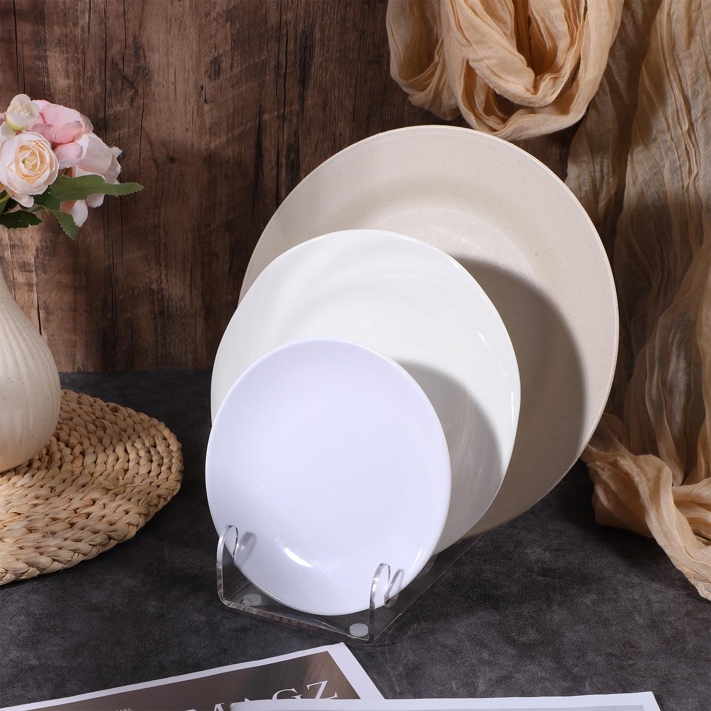 4 Pcs 3 Tier Plate Dinnerware Display Stand Acrylic Clear Plate Stand China Platters Holder Setting Racks for Display Pictures or Plate, Kitchenware, Home Office Supplies Festival Party Decoration