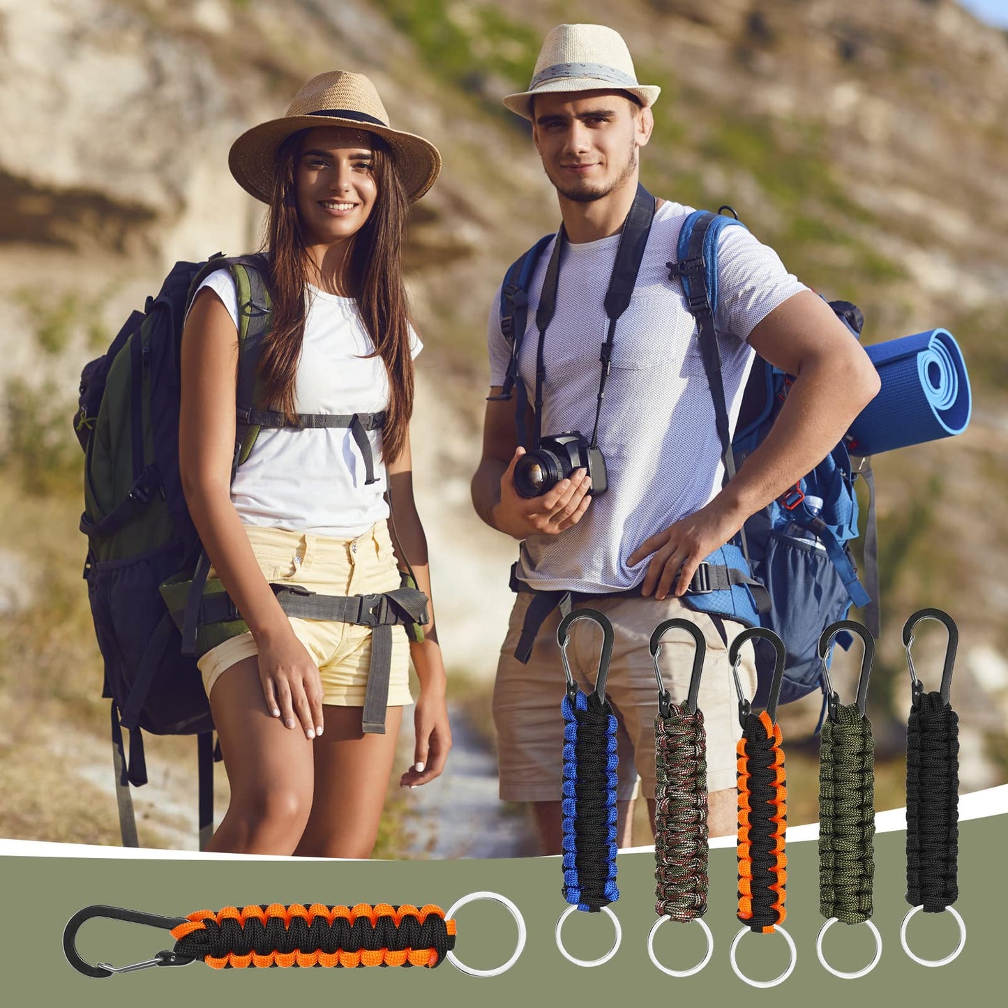 Fumete 20 Pcs Paracord Keychain Military Braided Keychain Clip with Strap Paracord Backpack Strap with Chain Hooks for Women Men Camping Fishing Hiking Backpacking Keys Hanger, 5 Styles