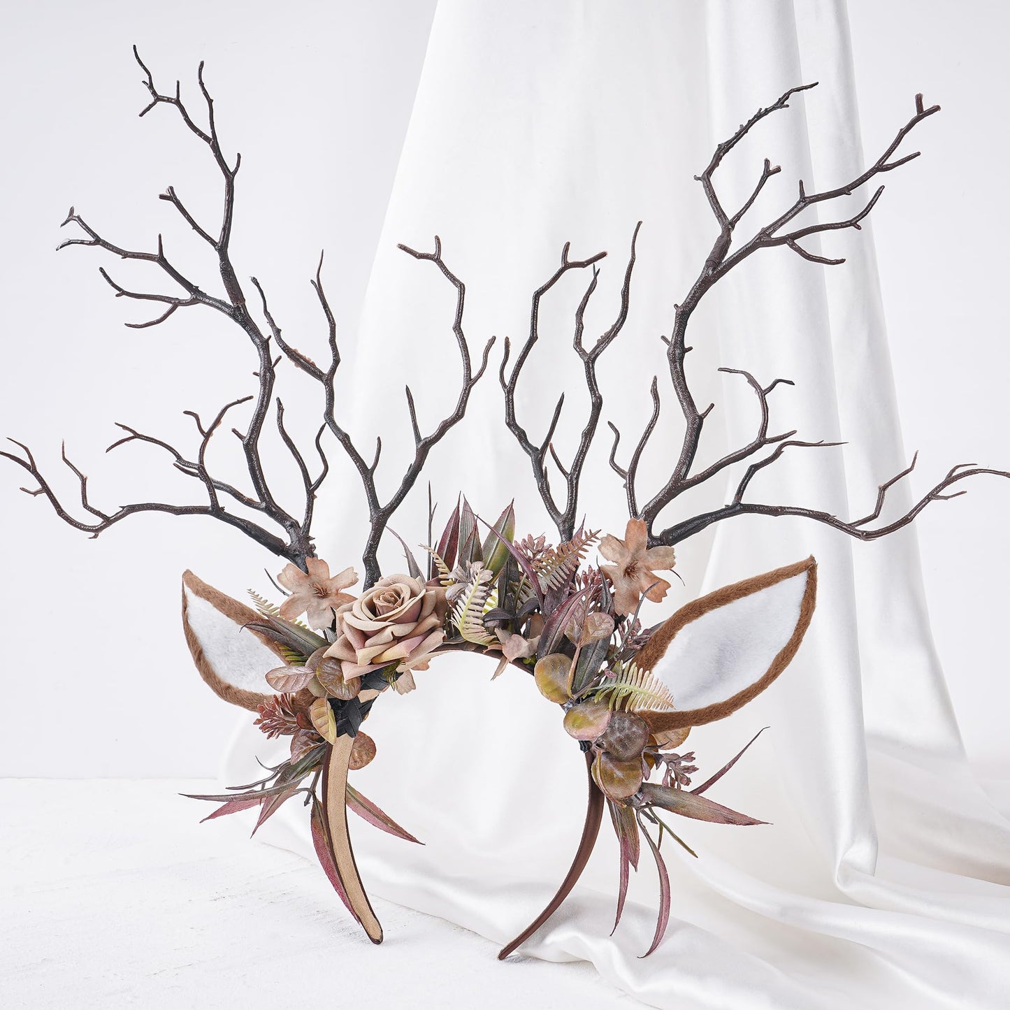 MOSTORY Flower Reindeer Ear Headband - Brown Branch Antlers Headband for Renaissance Deer Costume Women, Floral Antler Hairband for Renfaire Accessories Cosplay Fantasy Photo Shoot