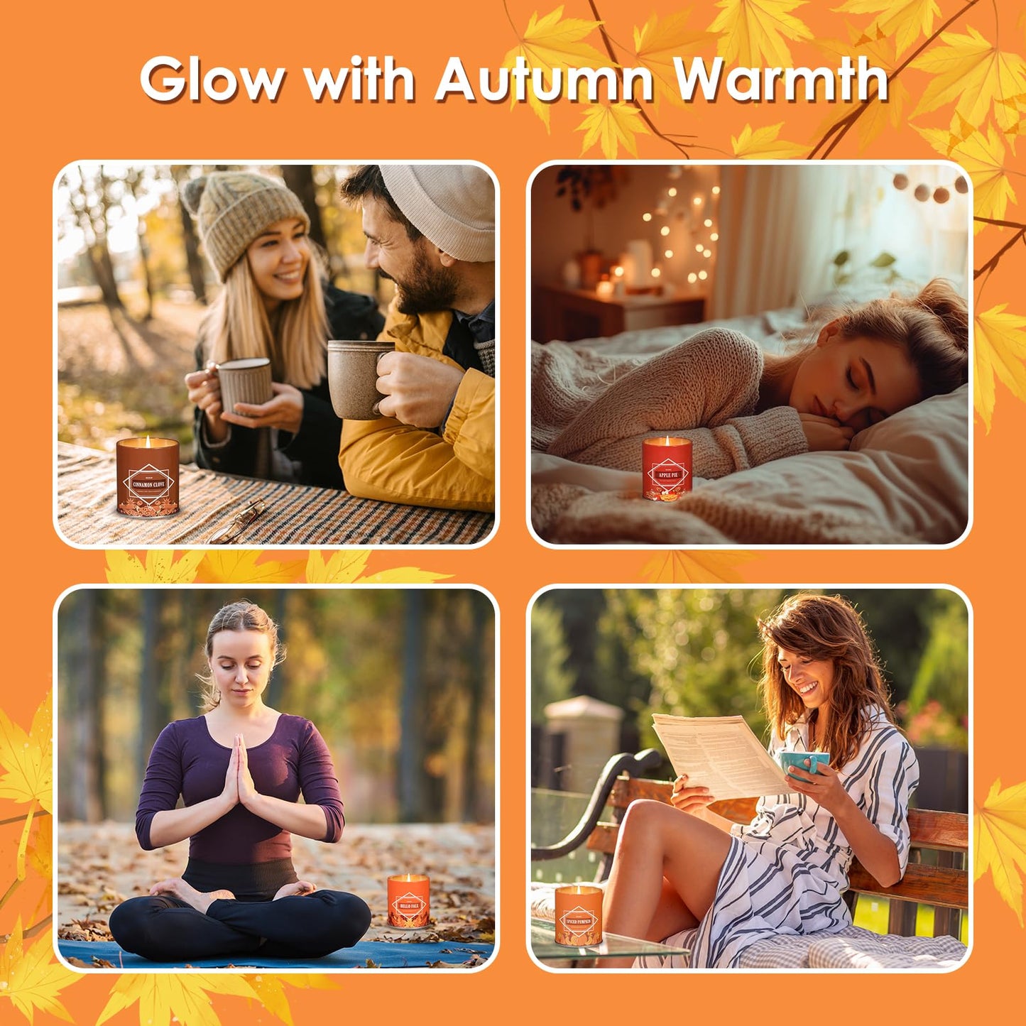 Fall Scented Candles Gift Set – 4 Pack of 9Oz Soy Candles, Autumn Fragrances (Pumpkin Spice, Apple Pie, Hello Fall, Cinnamon Clove), Holiday Gifts for Women & Men
