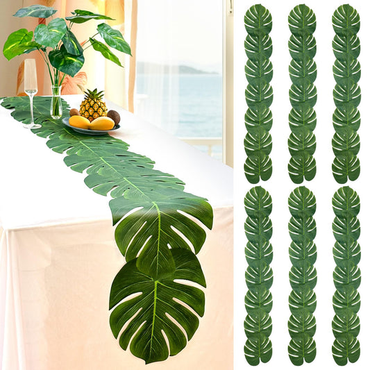 AerWo 6Pcs Artificial Palm Leaves Green Table Runner, Summer Tropical Leaf Table Runners 72 inches Long for Wedding Moana Jungle Safari Tropical Hawaiian Luau Party Decorations