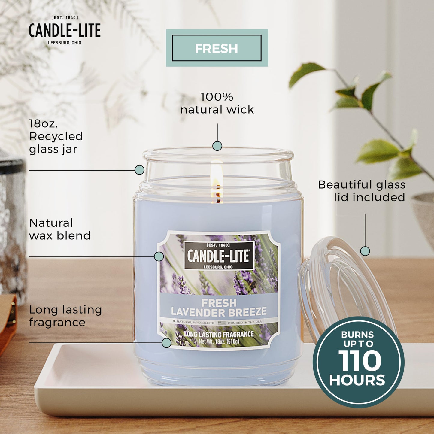 Candle-lite Scented Candles, Fresh Lavender Breeze, 18 oz Jar, Proudly Poured in The USA, Aromatherapy Candle, Single-Wick with 110 Hours of Burn Time, Perfect for Creating a Relaxing Ambiance