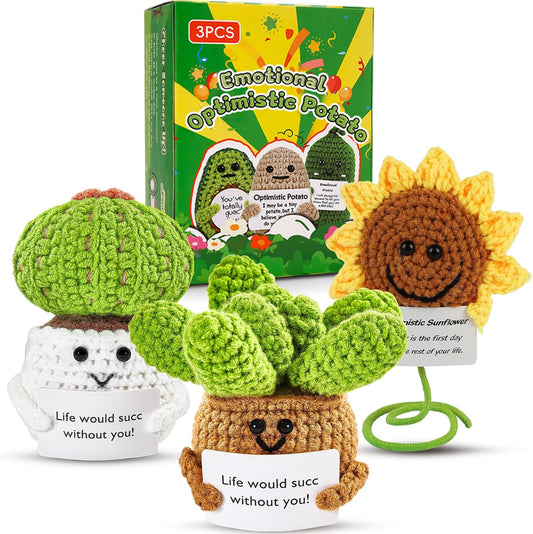 Gifts for Women Men Emotional Potato Pickle: 3Pcs Funny Crochet Dolls Christmas Stocking Stuffers Friends Coworkers Roommates College Students Sister with Cheer Up Cards (Cactus,Sunflower,Succulent)