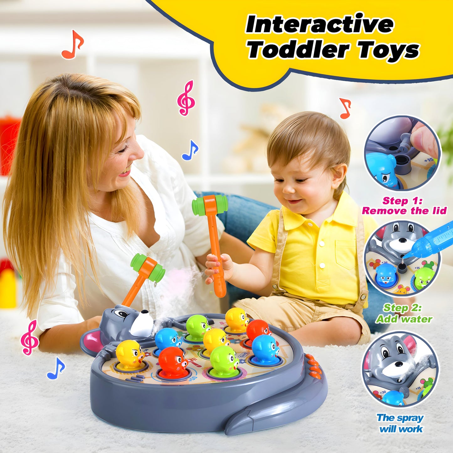 Yerloa Game for Toddlers 2 3 4 5 Year Old Boy Toys Christmas Unique Gift Kids Toys Ages 2-4 4-6 2-3 3-5 4-8 Interactive Learning Educational with Spray 2 Hammers, 5 Modes, 9 Music & Light