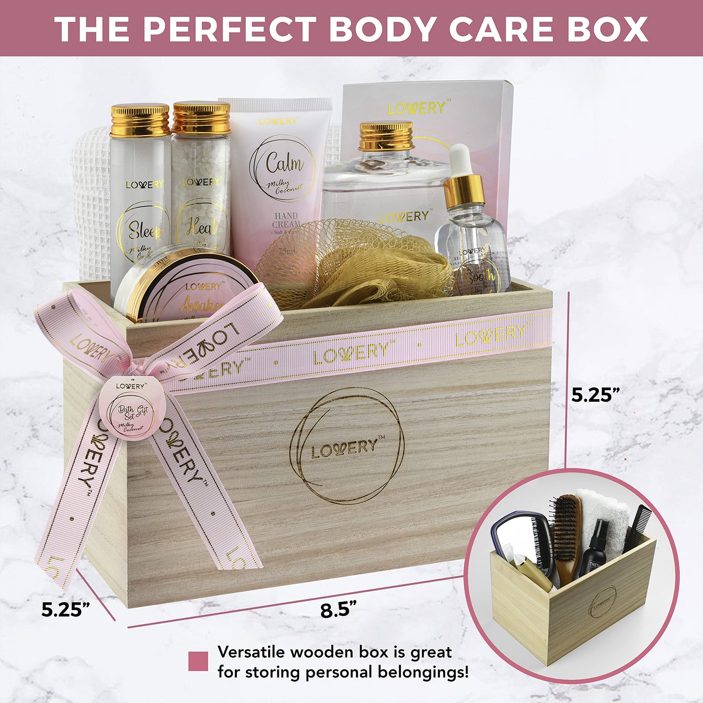 Luxury Bath Gift Set - Home Spa Gift Basket with Milky Coconut Scent, Vitamin E & Shea Butter with Shower Gel, Bath Salt & Crystals, Body Scrub, Hand Cream, Body Oil, Bath Pillow, Wooden Crate & More
