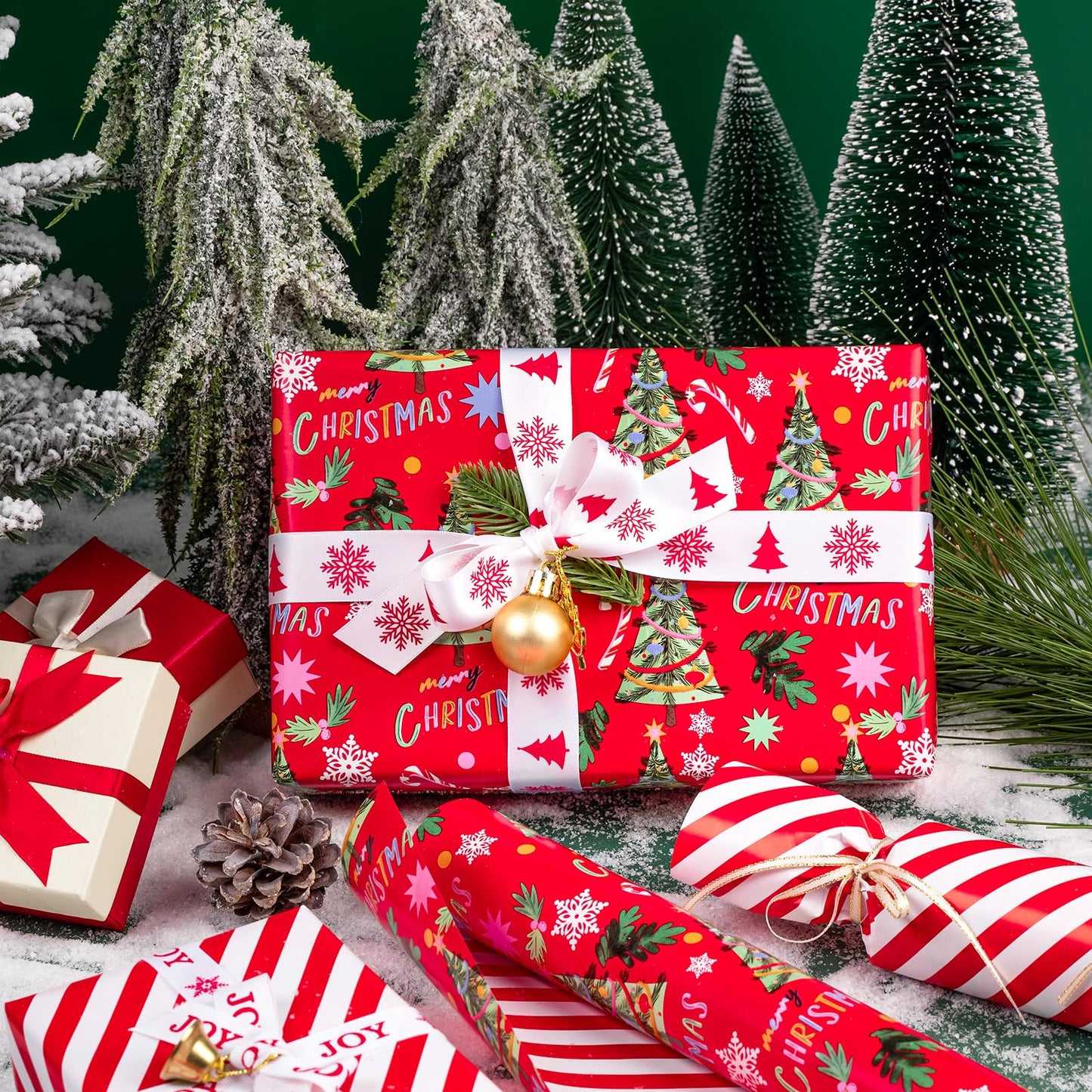 WRAPAHOLIC 30 Inch Jumbo Reversible Christmas Wrapping Paper - 30 Inch x 33 Feet - Red Christmas Tree Wrapping Paper and Stripe Design for Holiday, Party Celebration