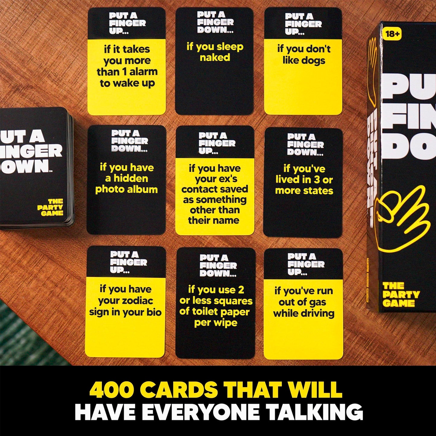 PUT A FINGER DOWN - The Viral Party Game That Will Have Everyone Talking - Funny Adult Card Game & Icebreaker Ideas, Game Nights, & Big or Small Groups, 400 Cards for 2+ Players