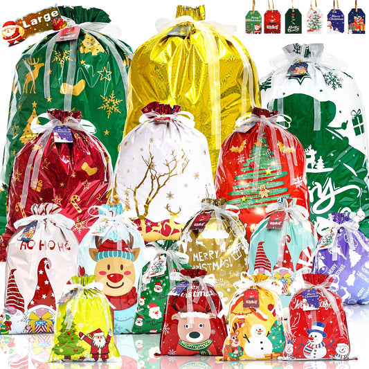 Christmas Drawstring Gift Bags, 32Pcs Xmas Wrapping Bags Large Medium Small for Presents with 32Pcs Tags for Birthday Holiday Party