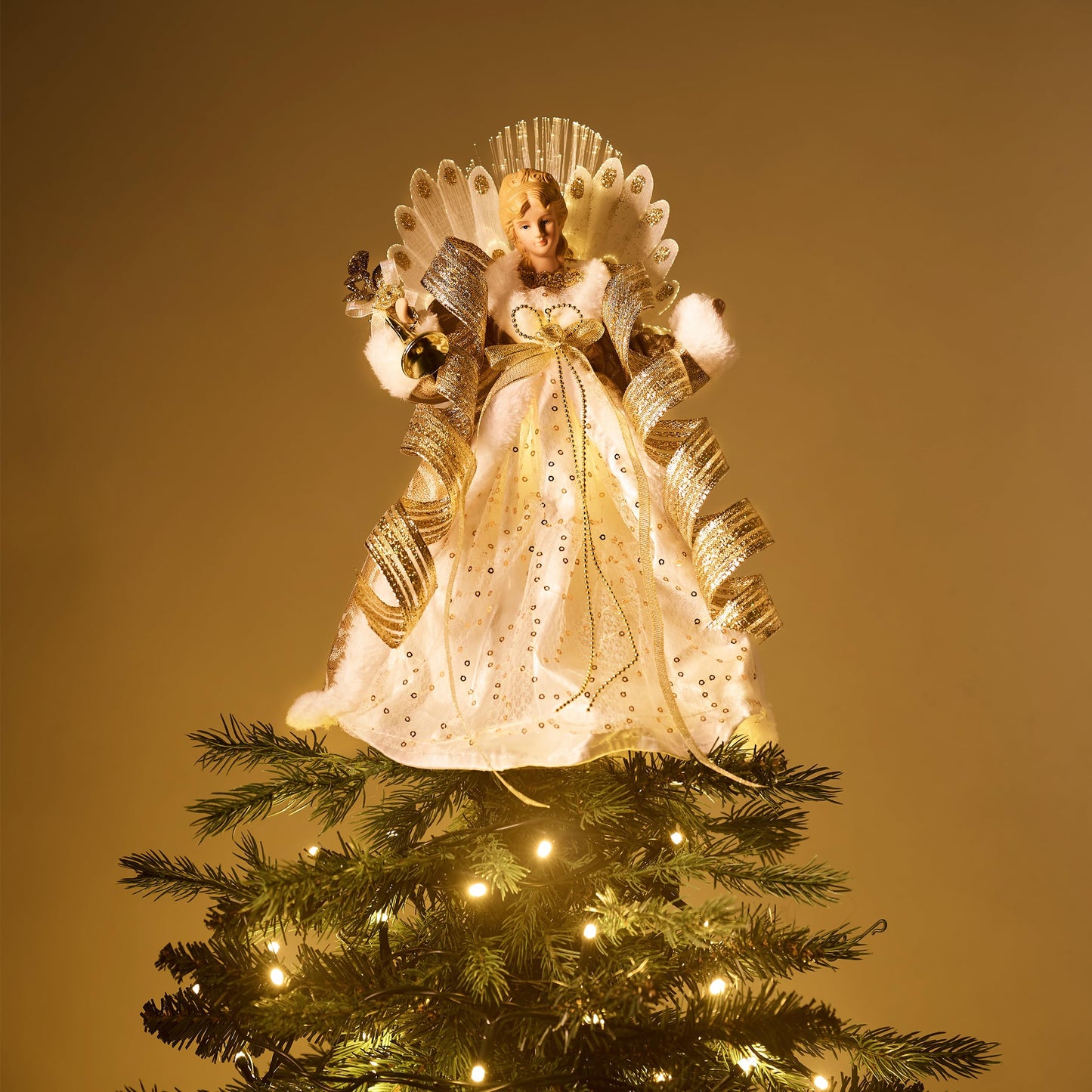 Valery Madelyn Lighted Christmas Tree Topper Angel with Timer, 16 Inch Luxury White Gold Fabric Small Angel Tree Topper with Lights for Christmas Tree Decor Indoor, Battery Operated, Valentines Gift