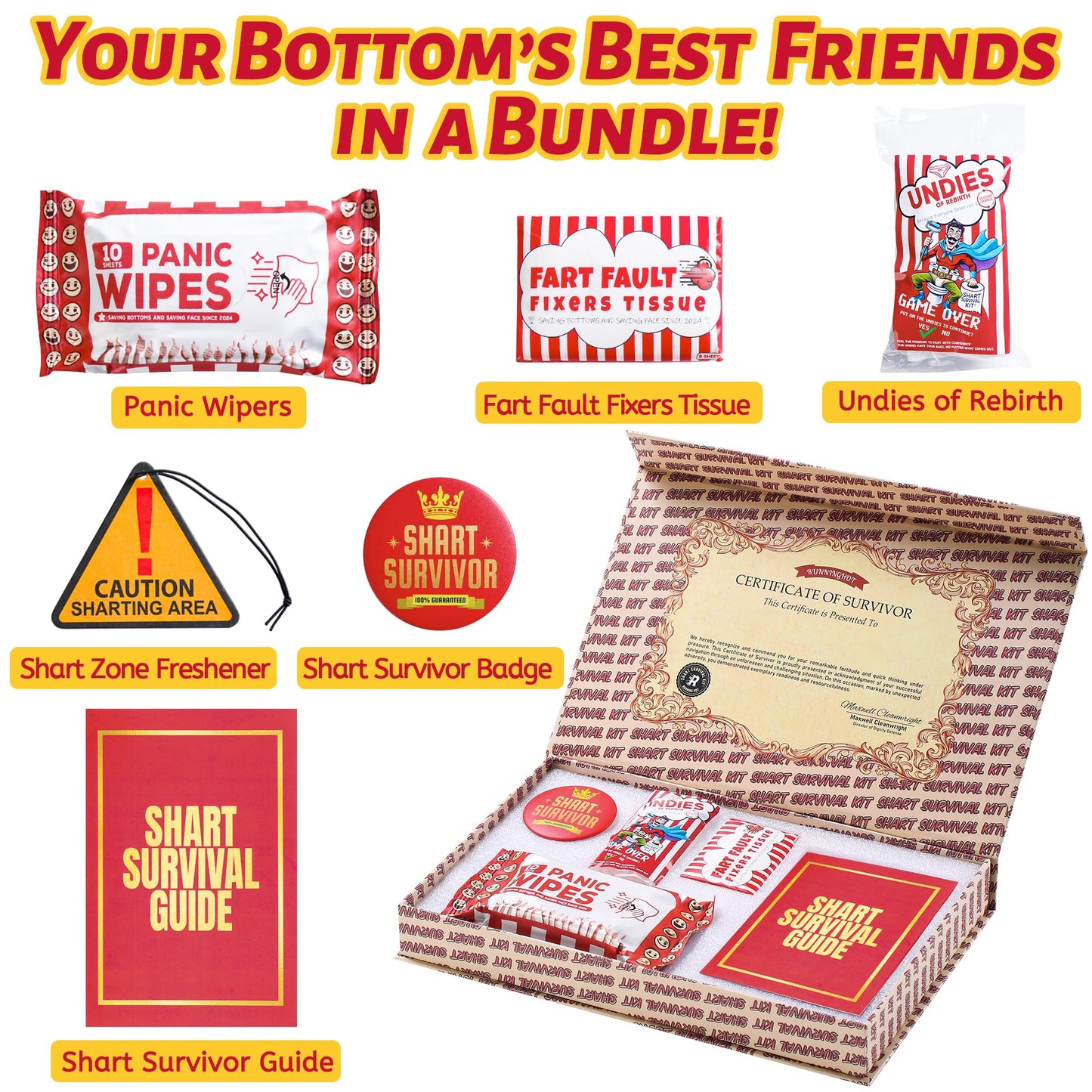 RUNNING HOT Shart Survival Kit, Funny Gifts for Men, White Elephant Gift, Gag Prank Box, Hilarious Gifts, Novelty Gift Set for for Family Friends, 6 in 1, Survival Guide & More