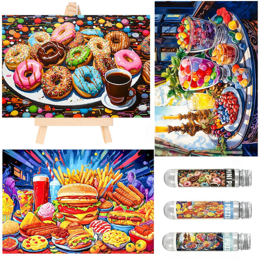 Small Jigsaw Puzzles for Adults 150 Pieces Vintage Candy Painting Colorful Donut Oil Painting Challenging Mini Puzzles Tiny Jigsaw Puzzles 6 x 4 Inches, 3 Pcs,Mini Easel Included