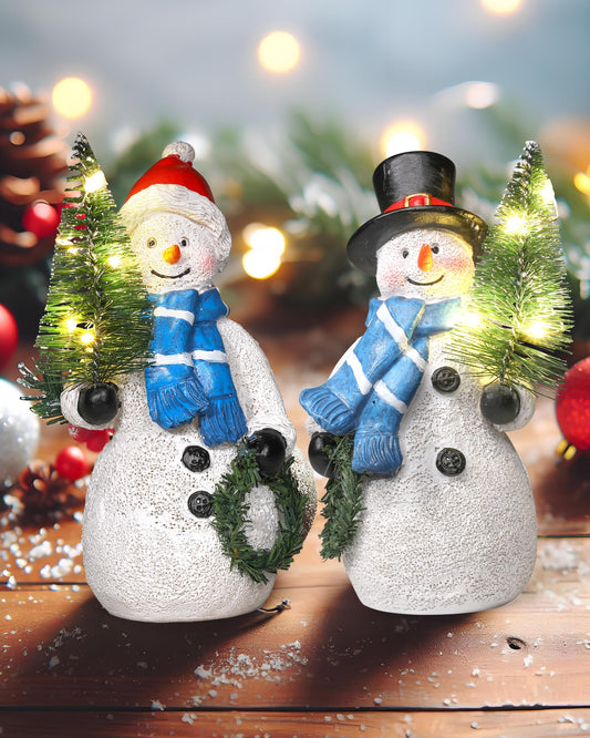 GoGnome Duo 5'' Resin Snowman Figurines with Lighted Christmas Tree Wreath - Christmas Decorations Indoor Snowman Decor Ornaments Centerpiece - Winter Holiday (Snowmen)