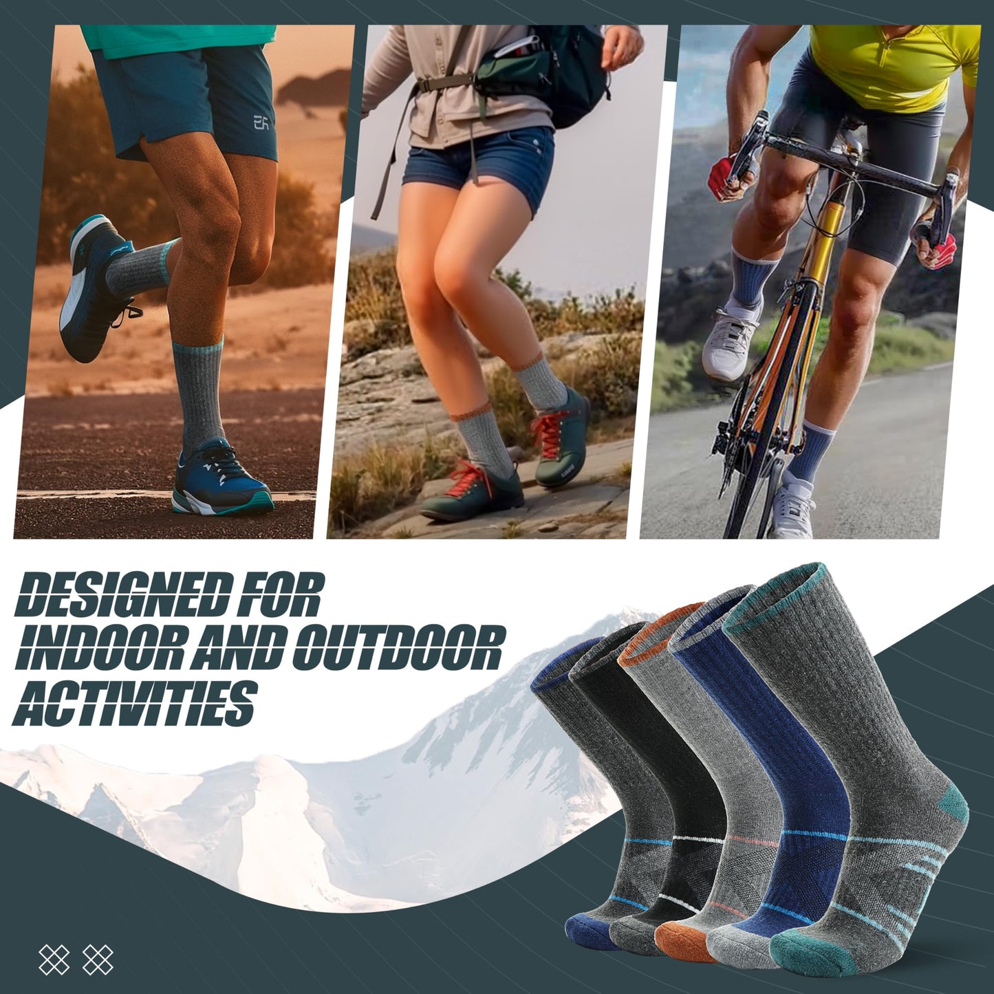 ANTSANG Merino Wool Socks for Men & Women Thermal Winter Hiking Warm Thick Athletic Crew Cozy Boot Work Gift Socks Stocking Stuffers 5 Pairs (Orange/Green/Blue/Black/Dark Grey A,L)