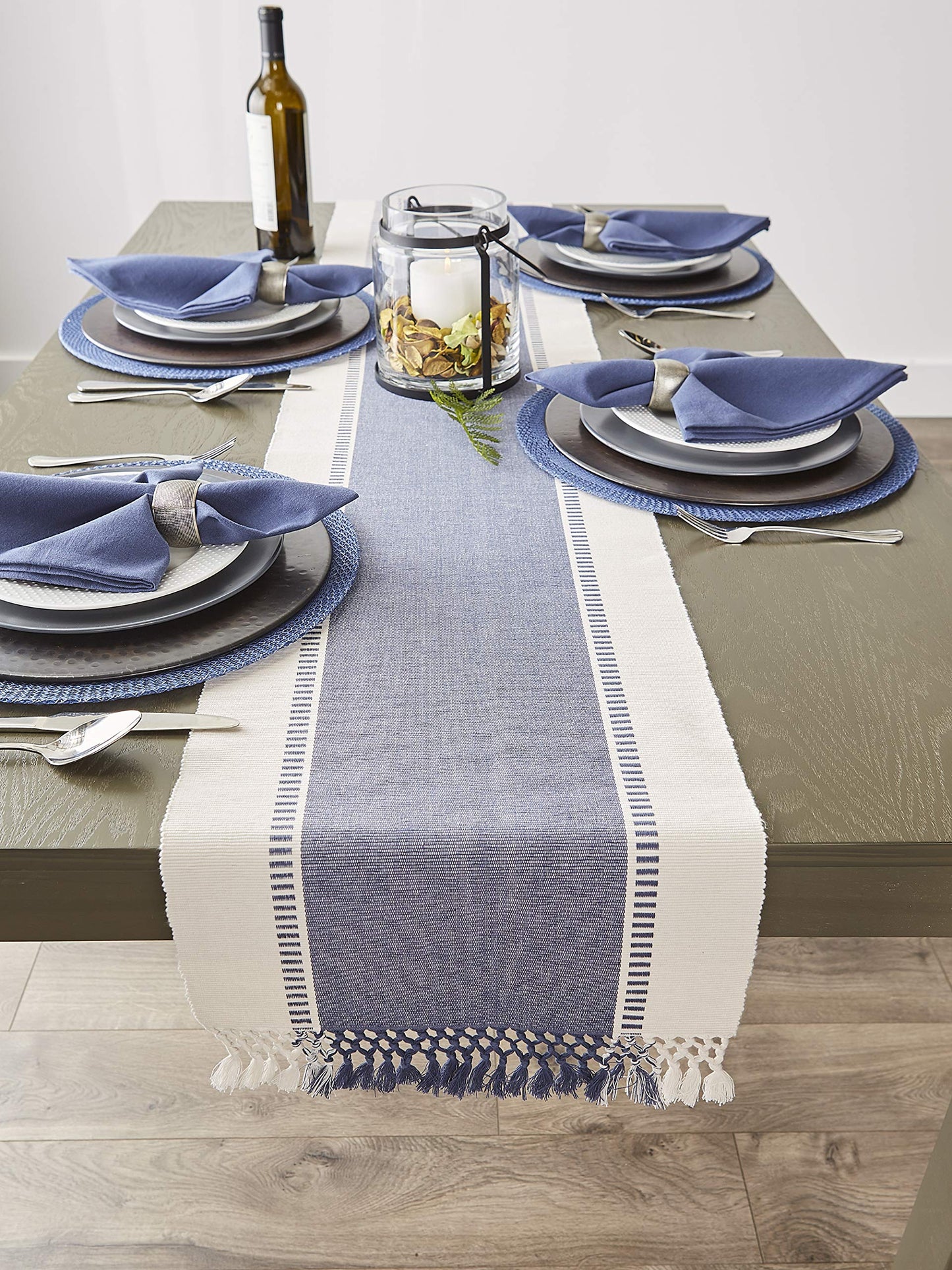 DII Dobby Stripe Woven Table Runner, 13x108 (13x113.5, Fringe Included) French Blue