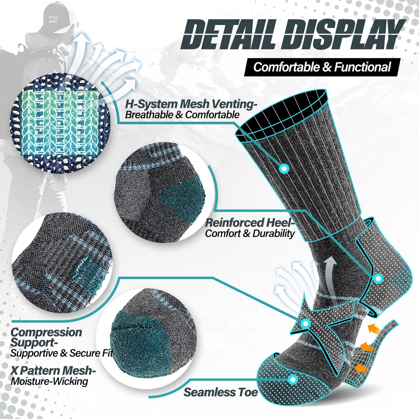 ANTSANG Merino Wool Socks for Men & Women Thermal Winter Hiking Warm Thick Athletic Crew Cozy Boot Work Gift Socks Stocking Stuffers 5 Pairs (Orange/Green/Blue/Black/Dark Grey A,L)