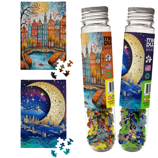 MicroPuzzles “City & Moon Scape” Mini Jigsaw Puzzle 2-Pack – 150-Piece Night-Skyline Travel 4×6 in Puzzle Gift | Made in USA | Small Business