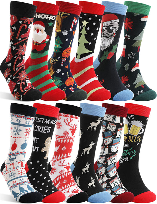 Funny Socks for Women Men Fun Cozy Crazy Cute Novelty Fashion Gift Breathable Cotton Boot Socks Stocking Stuffers(Christmas Style(12 Pairs),L)