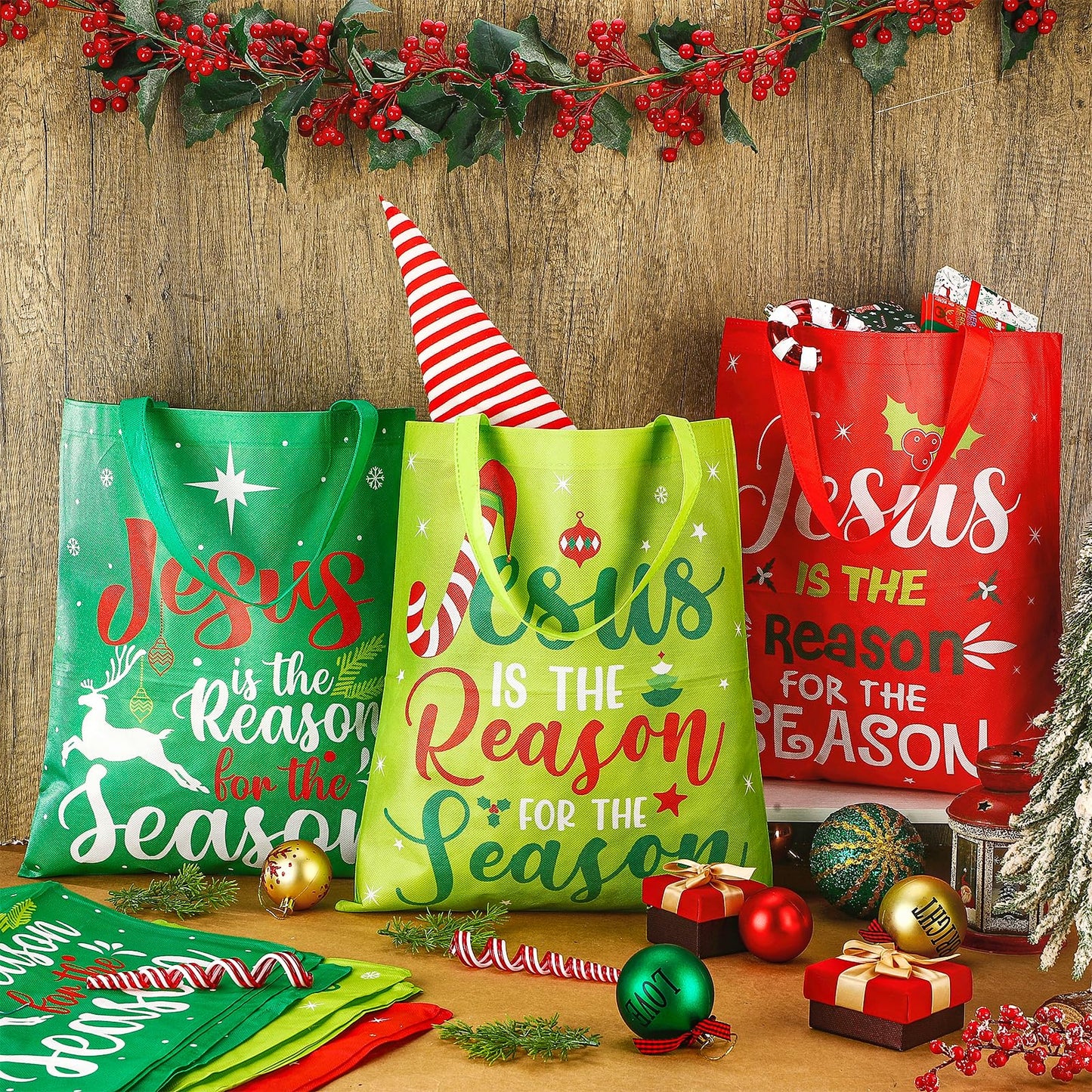 Hosuly 15 Pcs Extra Large Christmas Gift Bags 15 x 17 in Non Woven Christmas Tote with Handle Reusable Jesus Is the Reason for the Season Shopping Bags for Religious Xmas Holiday Party Supplies