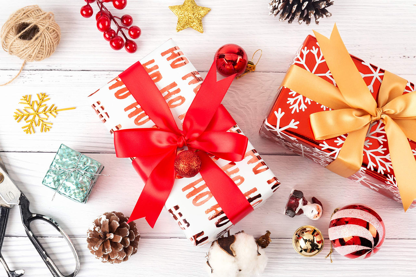 RUSPEPA Christmas Wrapping paper-Red and White Paper with a metallic foil shine-Christmas Elements Collection-4 Roll-30Inch X 10Feet Per Roll