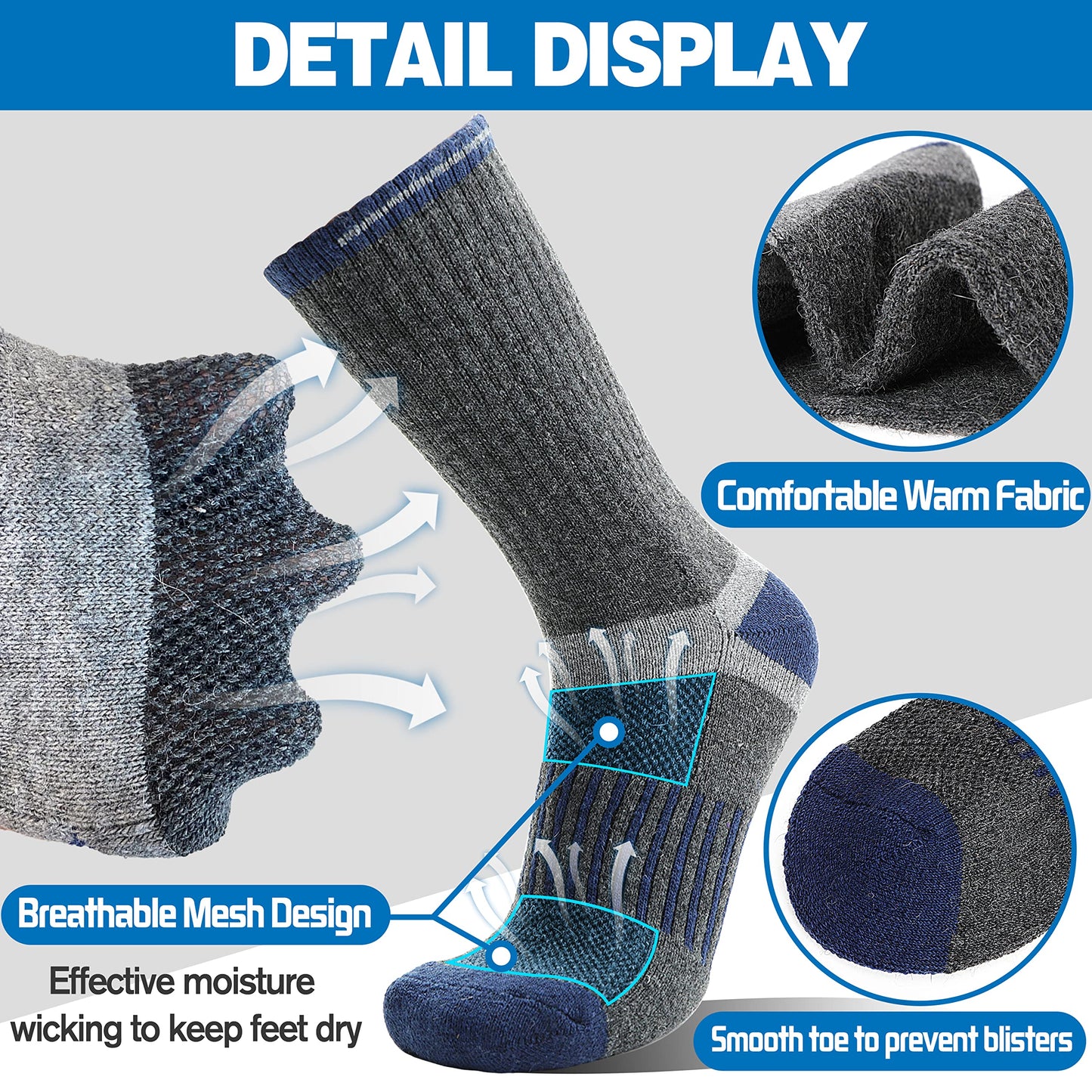 Merino Wool Hiking Socks for Men Warm Thermal Winter Cozy Work Crew Socks Gifts Stocking Stuffers 5 Pairs (Dark Pinstripes A,L)