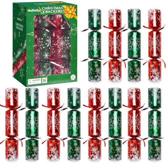 Christmas Crackers, 12 Pack Valentines No Snap Party Favors with Party Hat, Joke & Little Gift Inside for Christmas Thanksgiving Seasonal Holiday Dinner Traditions (Red and Green)