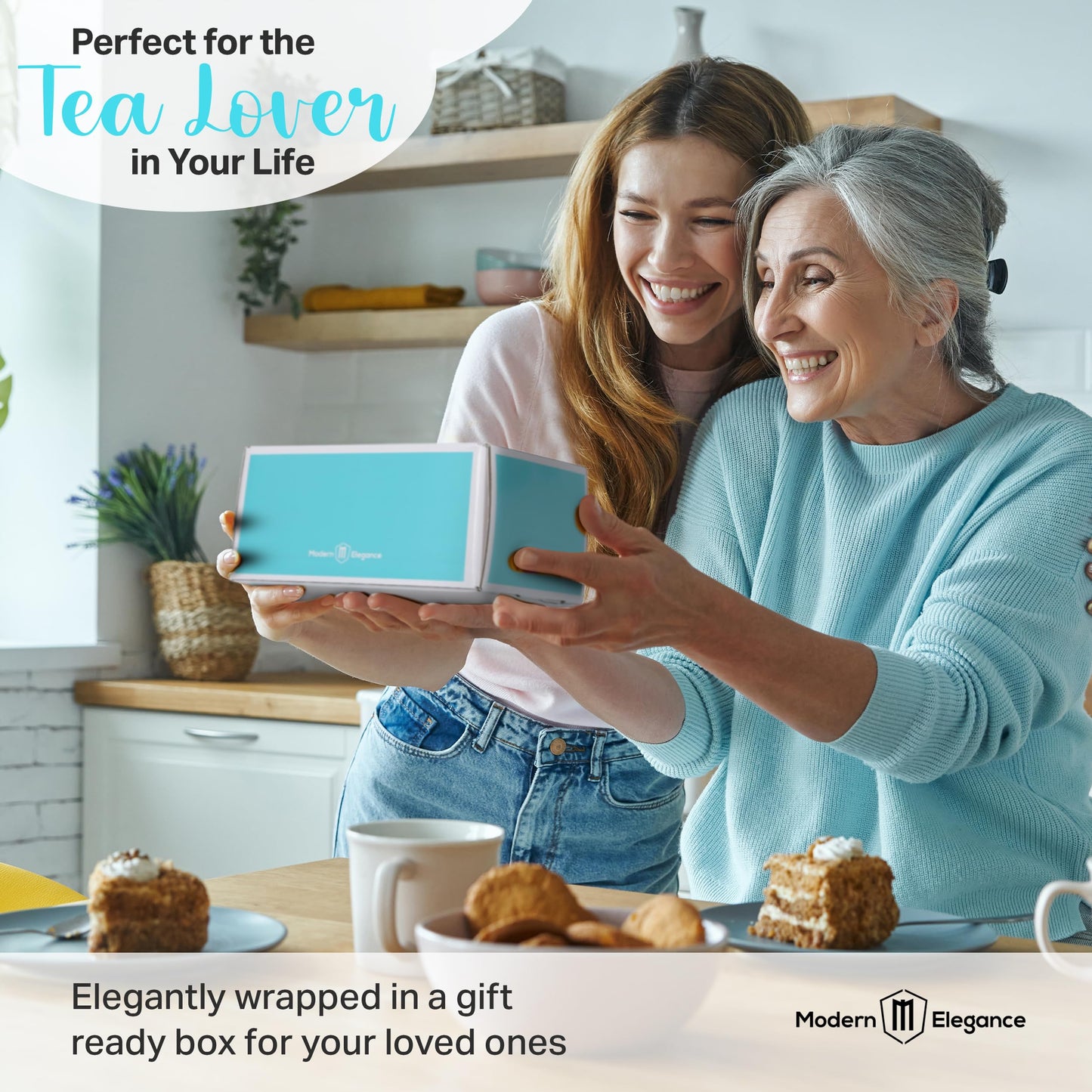 Tea Gifts for Women – Sampler Gift Basket with 15 Unique Blends, Honey Sticks, Stainless Tumbler & Gift-Ready Box (Teal)