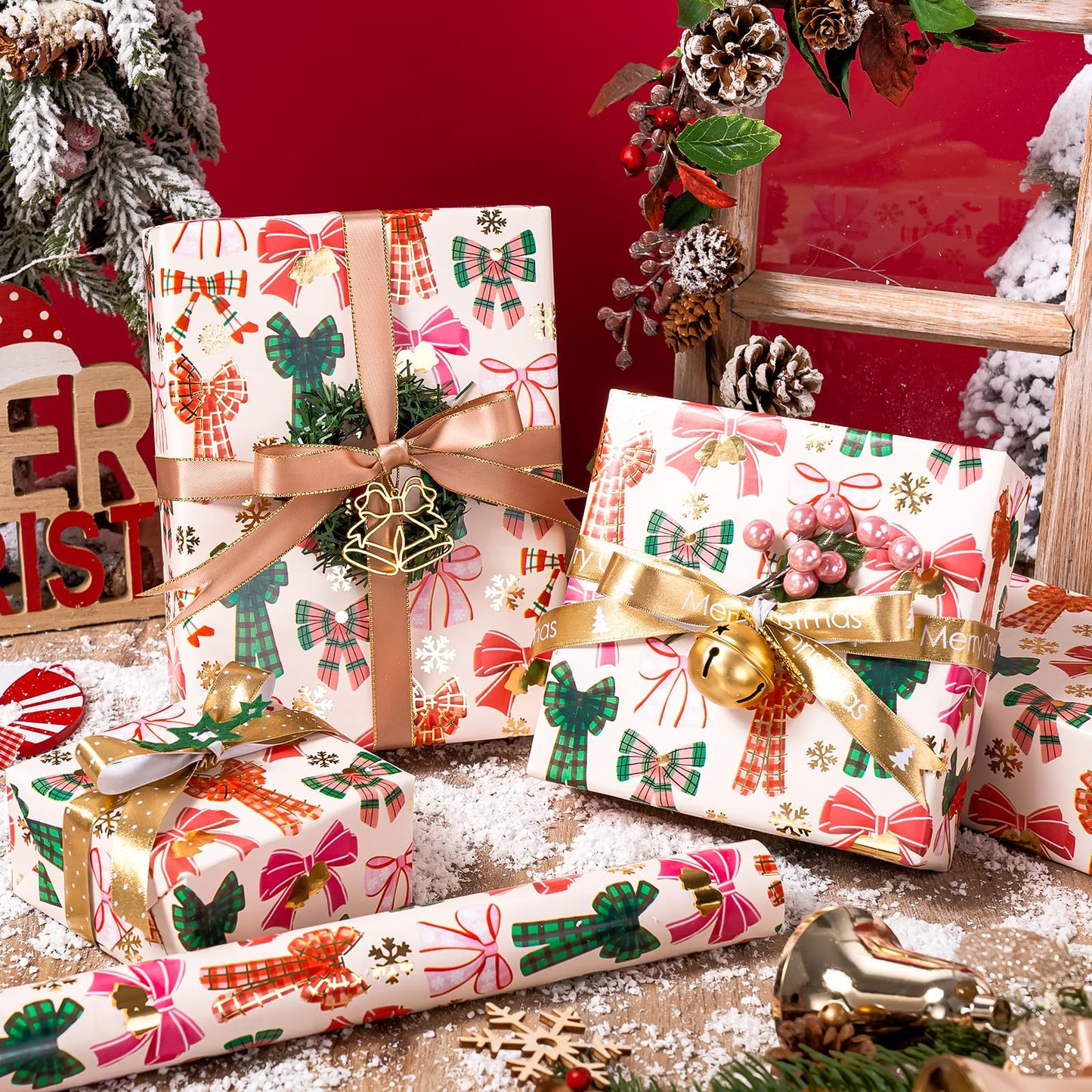 WRAPAHOLIC 30 Inch Jumbo Bow Christmas Wrapping Paper - Mini Roll - 17 Inch x 16.5 Feet - Gold Foil Snoflakes and Plaid Bow Wrapping Paper for Girl Boy Kids, Christmas, Holiday