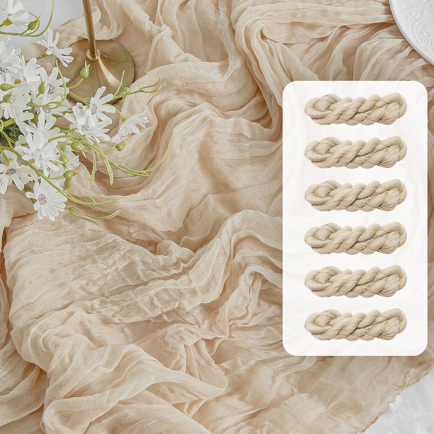 FEXIA 6 Pack Beige Gauz Table Runner 35x120 Inches for Centerpiece Table Decorations Ivory Cheesecloth Rustic Boho Table Runner for Bridal Shower Wedding Party First Communion Centerpiece Engagement
