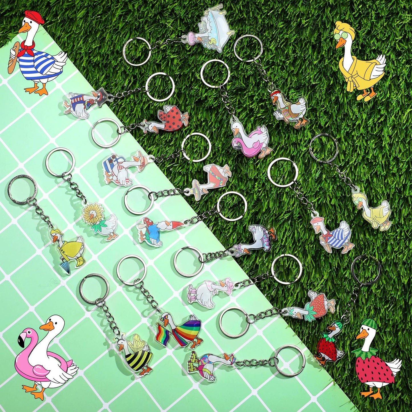 100 Pcs Cute Silly Goose Keychains Bulk, 19 Styles Featuring Pirate Bee Lifeguard Gnome Strawberry, Funny Acrylic Silly Goose Key Chains for Birthday Party Favors Game Prizes Classroom Teen Gifts