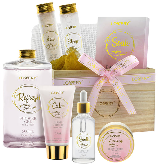 Luxury Bath Gift Set - Home Spa Gift Basket with Milky Coconut Scent, Vitamin E & Shea Butter with Shower Gel, Bath Salt & Crystals, Body Scrub, Hand Cream, Body Oil, Bath Pillow, Wooden Crate & More