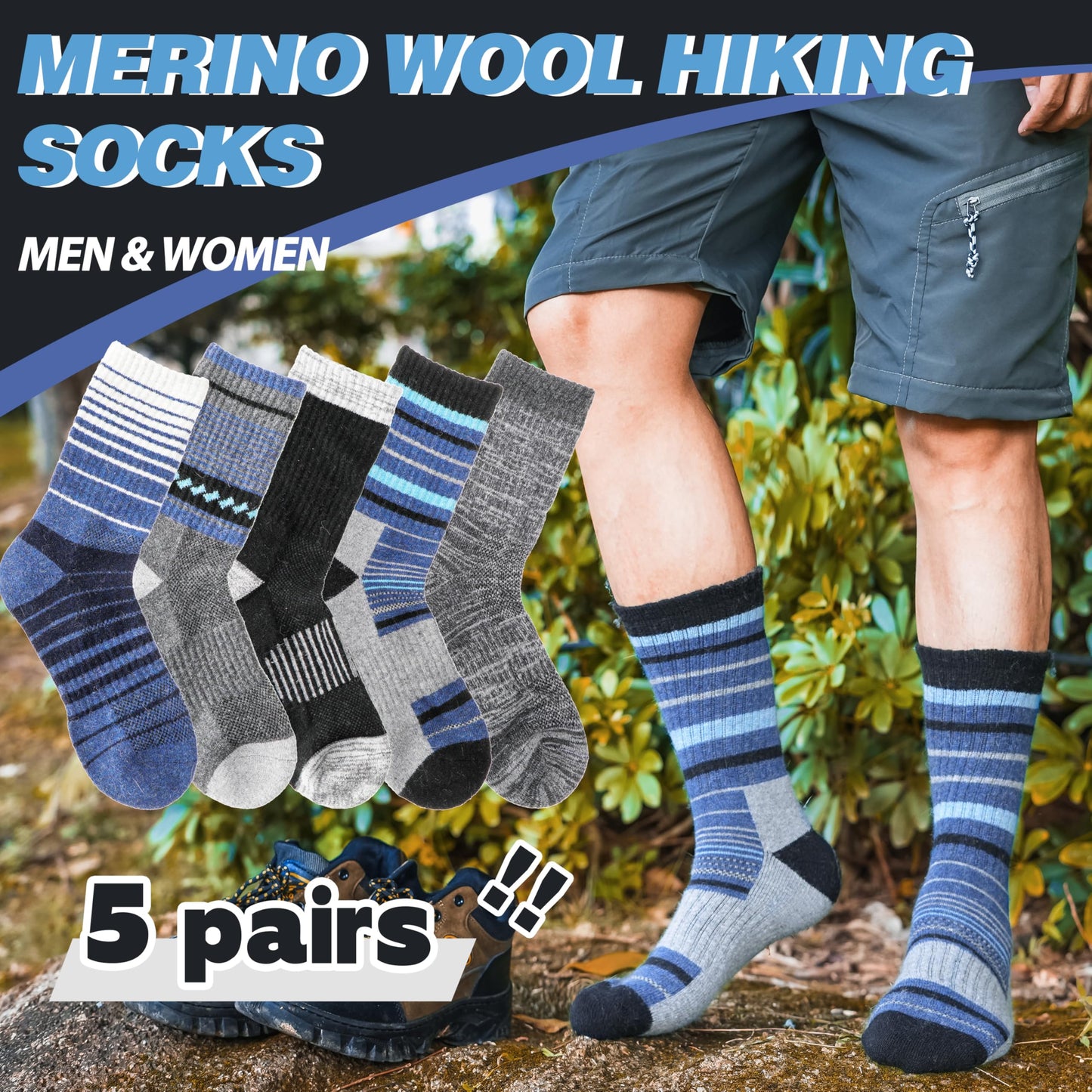 Merino Wool Socks for Men Thermal Winter Warm Hiking Cozy Crew Work Gift Socks Stocking Stuffers 5 Pairs(Blue,L)