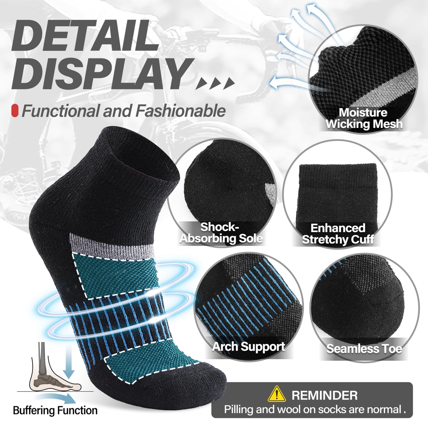 Anlisim Merino Wool Quarter Hiking Socks Compression Warm Thermal Winter Thick Cushion Running Moisture Wicking No Show Socks Gifts Stocking Stuffers for Women Men 6 Pairs(Black Mixed,L)