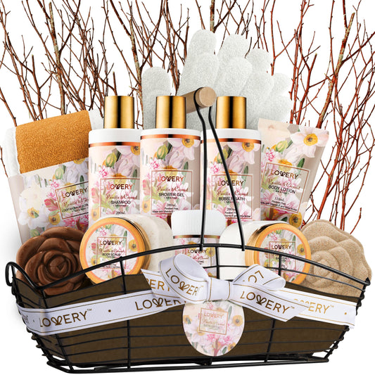 LOVERY Vanilla Coconut Bath & Spa Gift Set, 13pc Spa Gift Basket, Gifts for Women & Men, Bath Bomb, Body Lotion, Bubble Bath & More