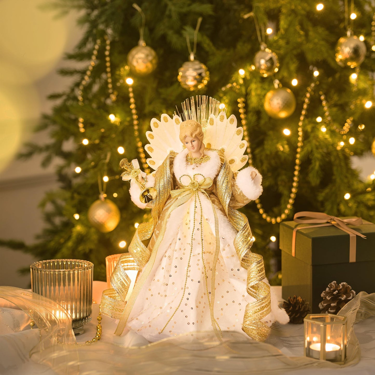 Valery Madelyn Lighted Christmas Tree Topper Angel with Timer, 16 Inch Luxury White Gold Fabric Small Angel Tree Topper with Lights for Christmas Tree Decor Indoor, Battery Operated, Valentines Gift