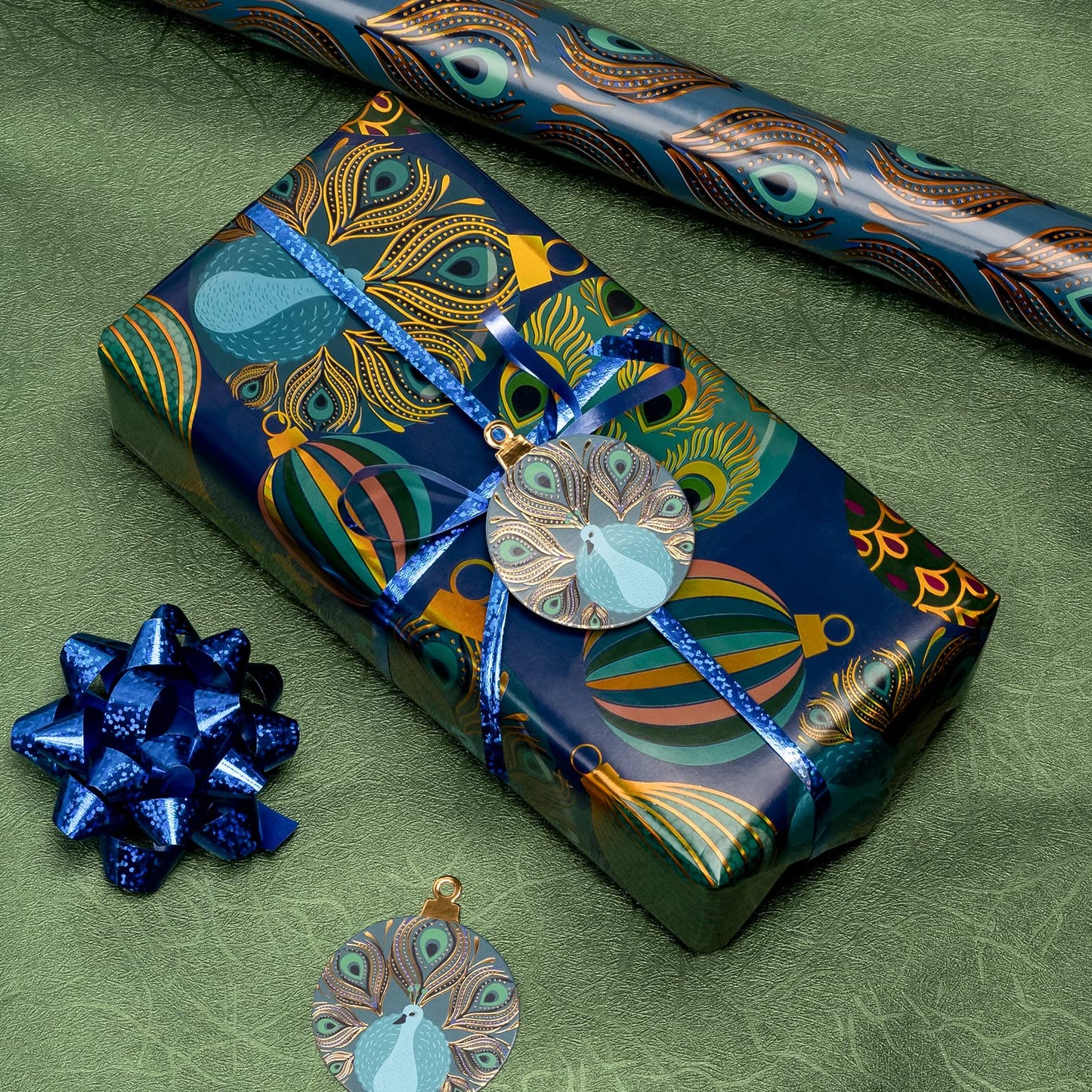 WRAPAHOLIC Peacock Christmas Wrapping Paper Set - Green Peacock Elements Patterns with Metallic Foil Shine Wrapping Paper Bundle with Gift Bow & Ribbon & Tag & Sticker