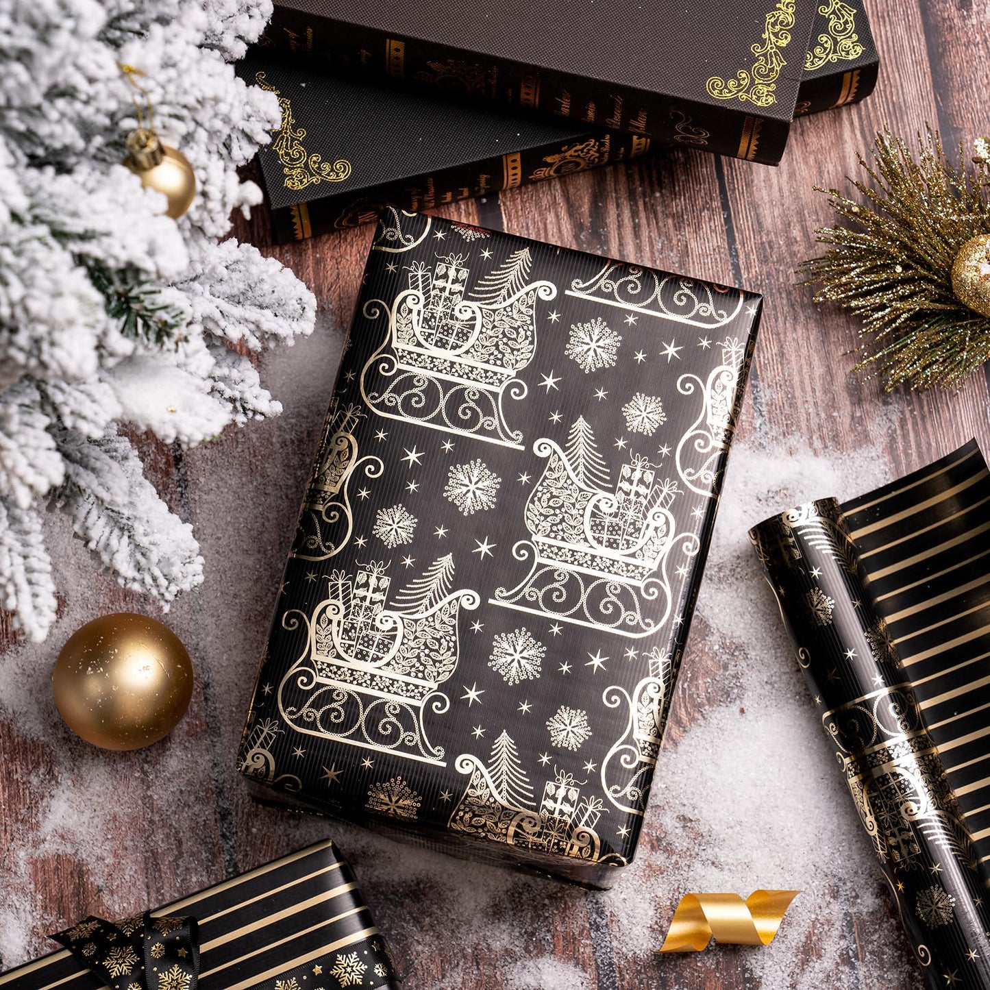 WRAPAHOLIC 30 Inch Jumbo Reversible Black and Gold Christmas Wrapping Paper - 30 Inch x 33 Feet - Black Gold Sleigh and Stripe Wrapping Paper with Metallic Foil for Christmas, Holiday, Party