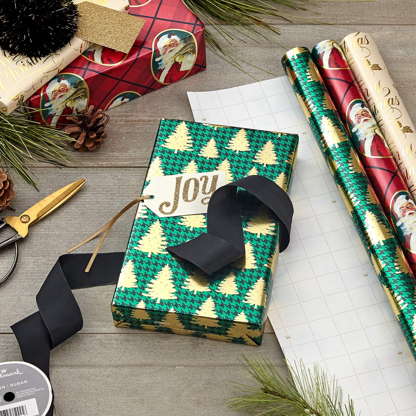 Hallmark Foil Christmas Wrapping Paper with Cut Lines on Reverse (3 Rolls: 60 sq. ft. ttl) Classic Santa Claus, Gold Merry Christmas, Green Plaid with Gold Trees